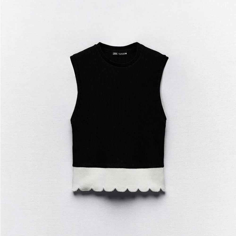 Zara Black Sleeveless Knit Top with White Scalloped Hem